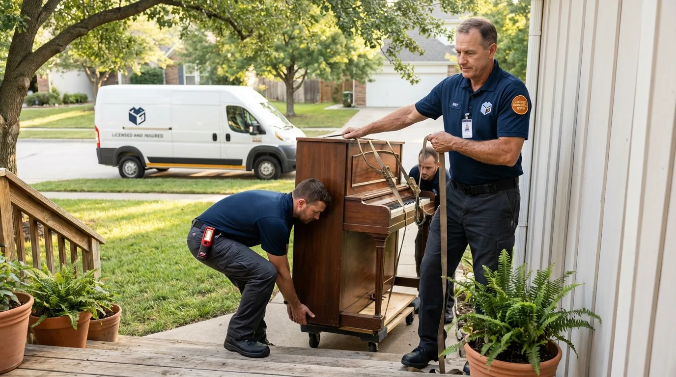 Licensed piano movers securing grand piano in Palmyra, NY